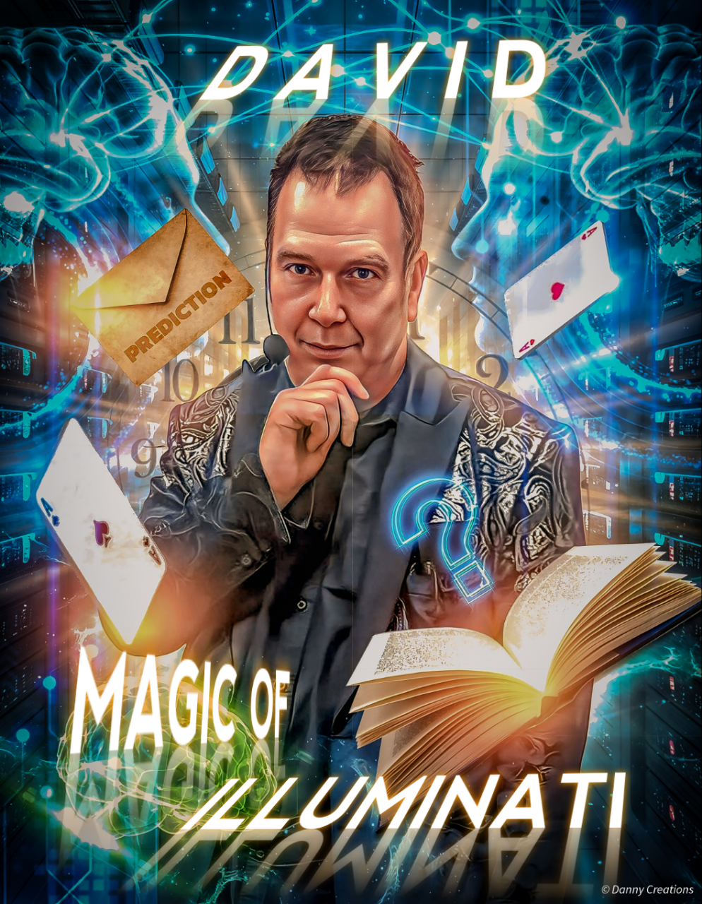 David performing the Magic of Illuminati show – Chesterfield wedding magician and mind reader with prediction envelope, playing cards, and open book